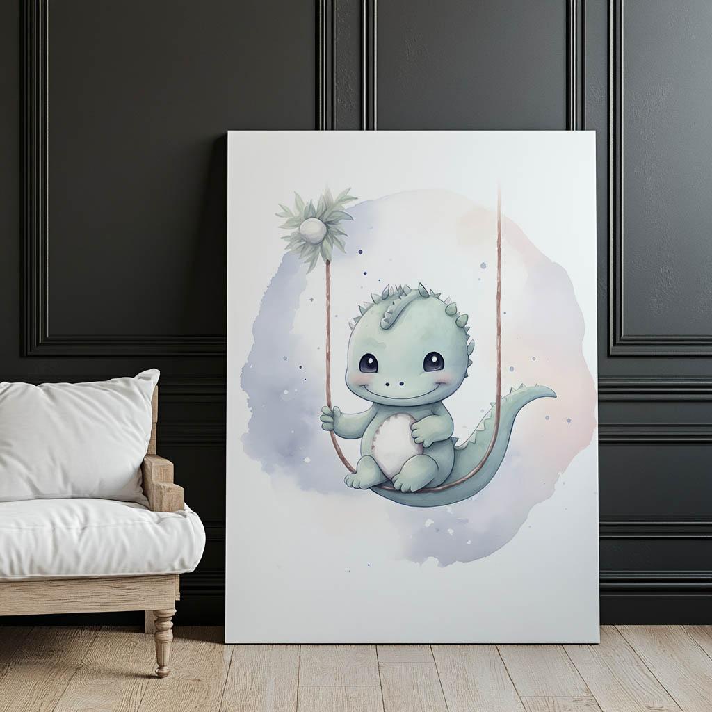Dinazaur Na Huśtawce Dinazaur Na Huśtawce, 50X70 Cm, Rama Aluminiowa Czarna, Papier Matowy 230 Gsm
