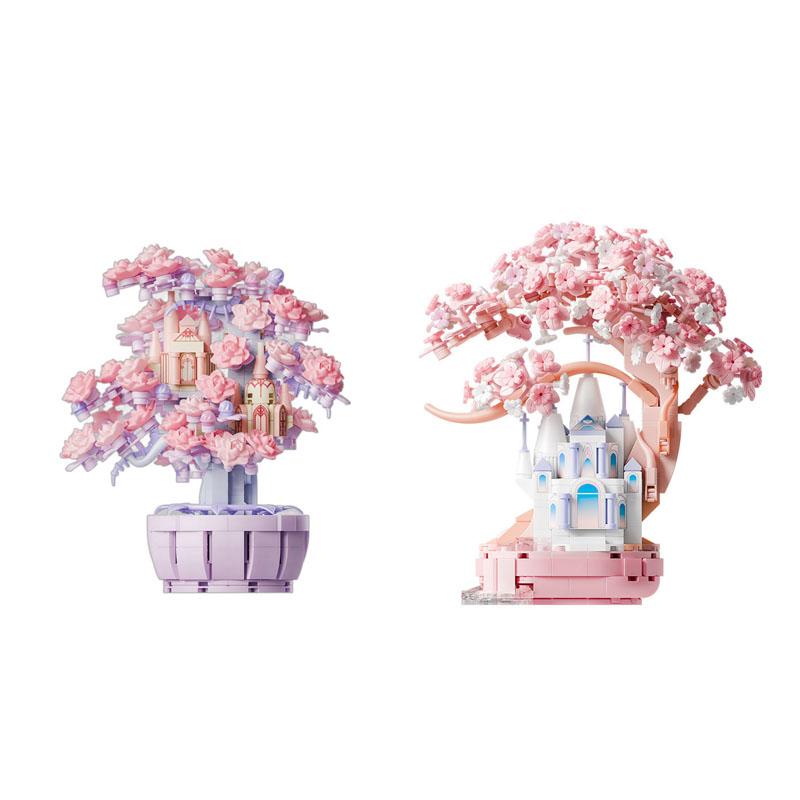 Idea Potted Plants Mini Block Cherry Blossom Construction Building Brick Streetscape Sakura Tree House Castle Toys For Girls