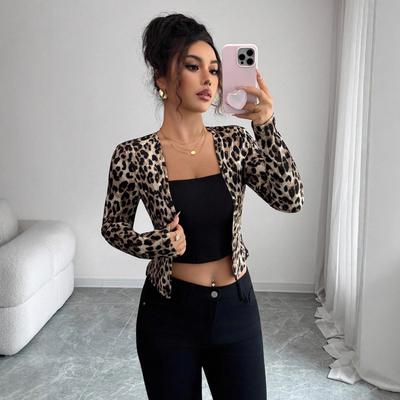 New Autumn and Winter Leopard Print Contrasting Color Two-piece Cardigan T-shirt Long-sleeved Women's Top