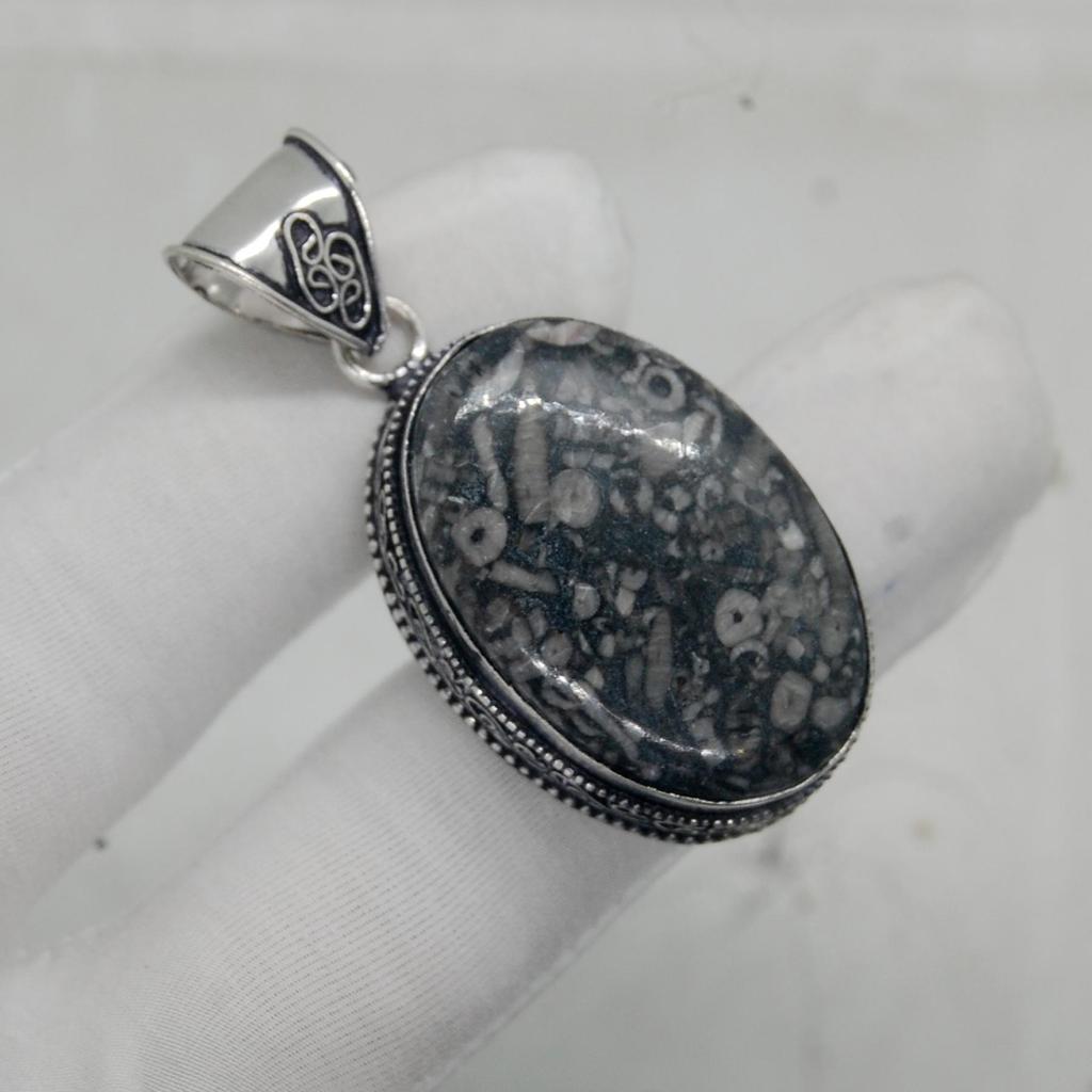 Oval Cab Crinoid Marble Fossil 925 Sterling Silver Pendant Jewelry, Brown Fossil Designer Pendant Jewelry
