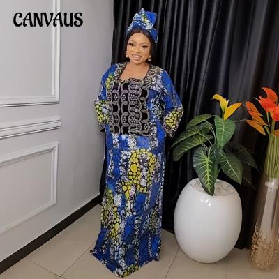 Plus Size Women's Printed Hot Drill Color with Headscarf Dress
