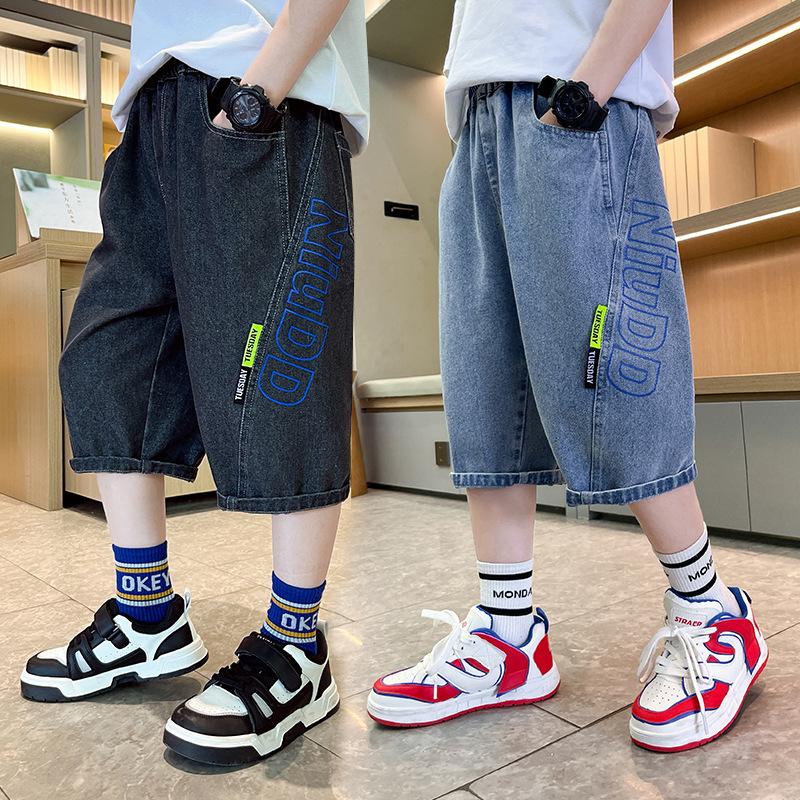 Korean Kids Boy Loose Straight Summer Jeans Shorts Tweens Child Luxury Black Blue Denim Shorts