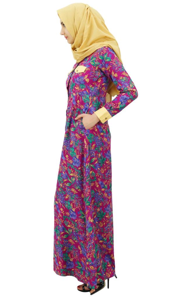 Bimba Womens Muslim Printed Jilbab Dress Designer Abaya With Pockets & Hijab
