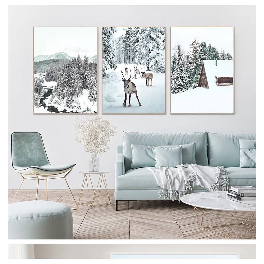Landscape Pine Forest Snow Elk Nordic Posters And Prints Wall Pictures For Living Room Decor Wall Art Canvas Painting Winter