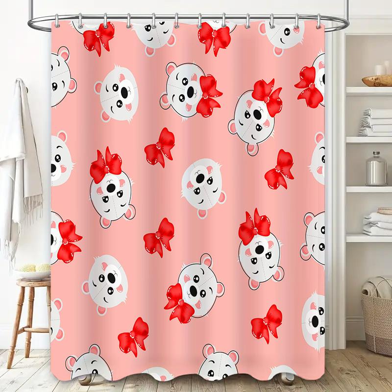 Adorable Red Bow Print Bear Shower Curtain Pink Bath Decoration Waterproof Home Decor Bathroom Artistic Animal Pattern Fabric Ra