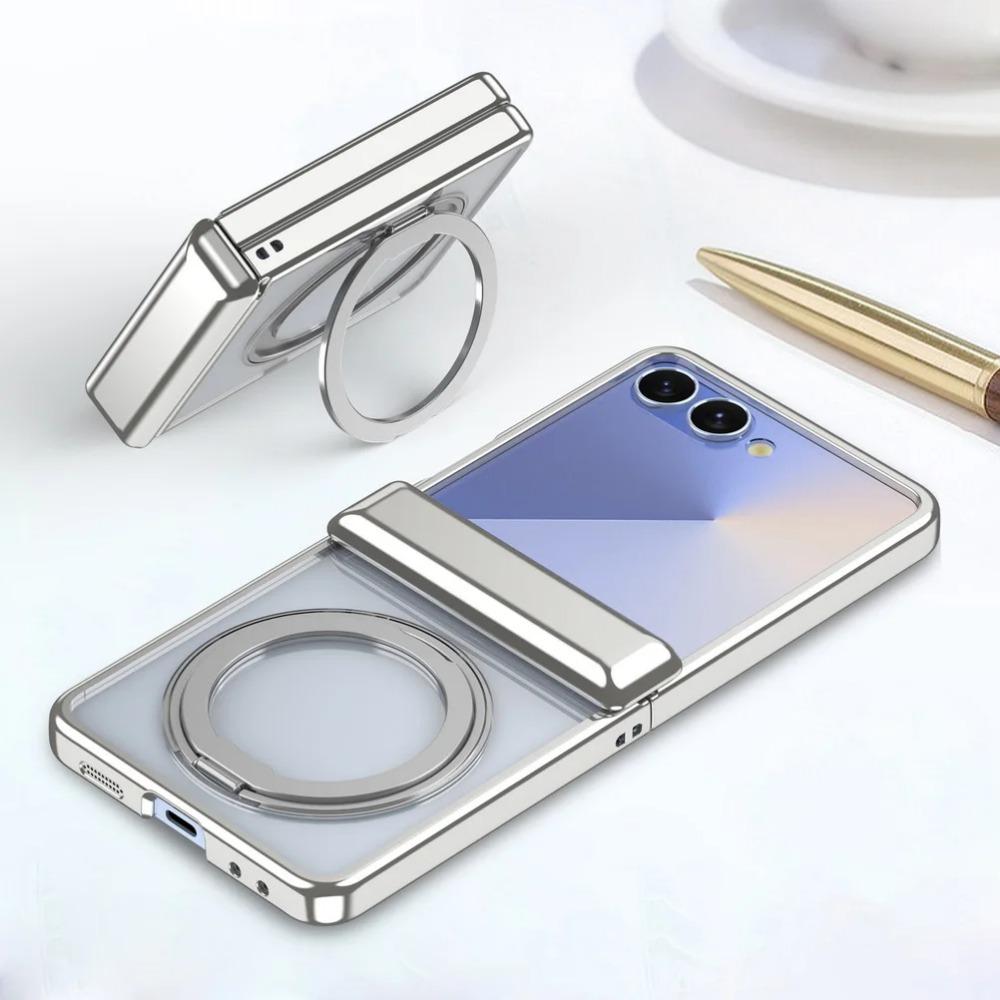 Obrotowy Uchwyt Pierścieniowy Platerowana Ramka z Magnetycznym Przezroczystym Etui na Telefon Samsung Galaxy Z Flip 7 Ochrona Obiektywu Odporny na Wstrząsy Tylna Pokrywa