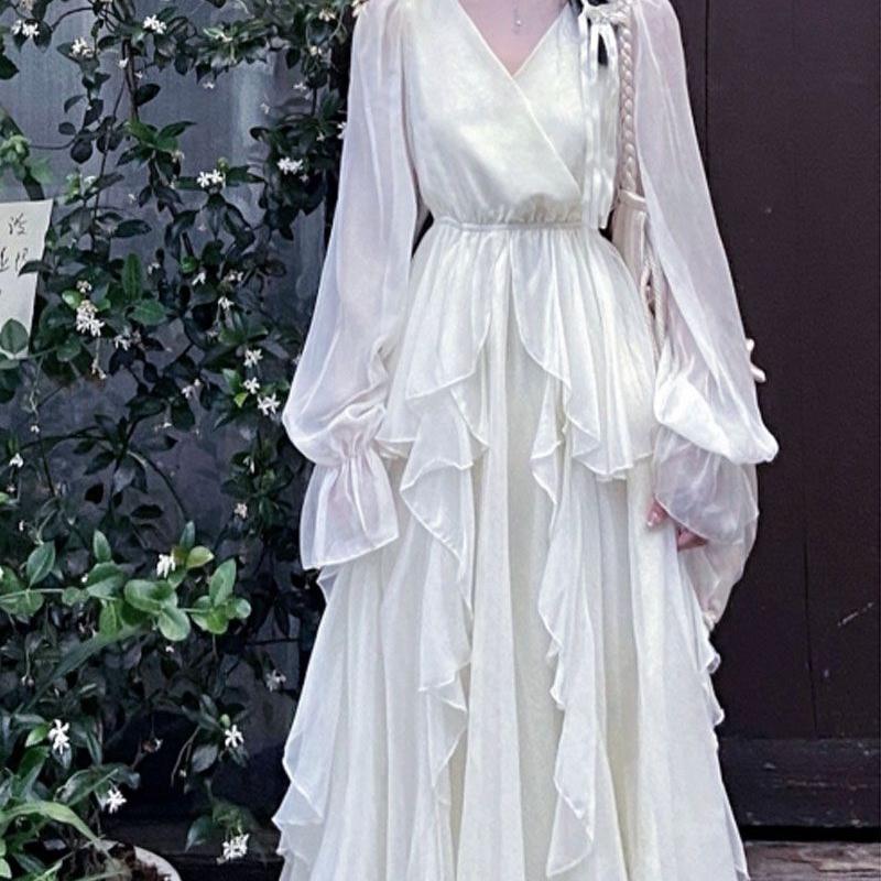 French Gentle Style First Love White Moonlight Fairy Dress Women's Summer V-Neck Waist-Cinching Dress