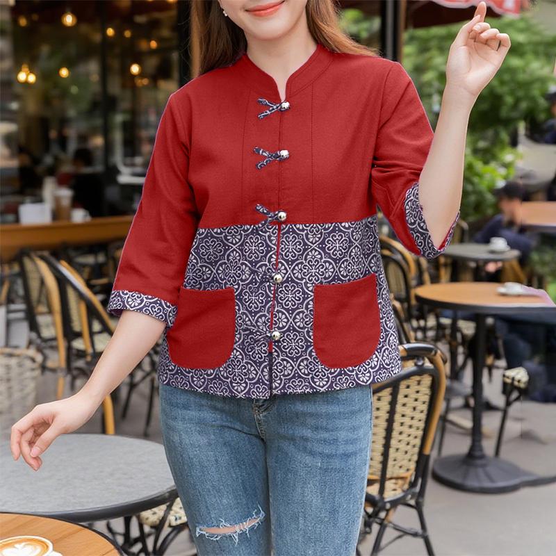 

ZANZEA Женская повседневная блузка в стиле ретро с лоскутным принтом, свободного кроя, с рукавами 3/4 3XL красный