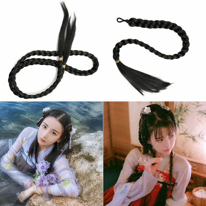 Ancient Costume Wig Double-Headed Twist Braid Republic of China Student Big Braid Chinese Bride Xiuhe Style Coiled Hair Wig Long Braid