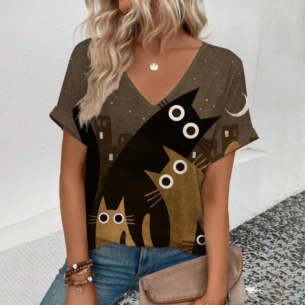 

2024 Топ, женская летняя женская футболка с v-образным вырезом, футболка с забавным рисунком котов и принтом, модная женская футболка для отдыха с коротким рукавом XXL