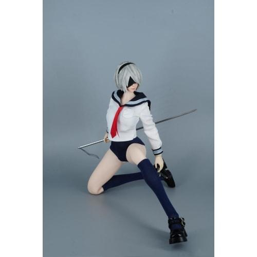 OBEST SAtoys 1/6 JK High School Girl Swimsuit Uniform Set (Blue and White) - Includes Shirt, Tie, Pleated Swimsuit, Socks, and Shoes (SA011A/SA011B)