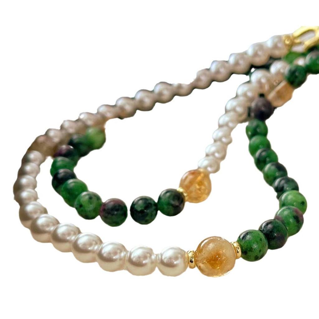 Retro Natural Citrine Red And Green Treasure Artificial Crystal Cold White Imitation Pearl Collarbone Chain Necklace