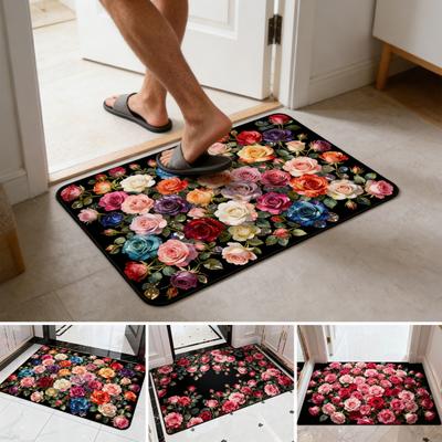 Tapete de Banheiro com Rosas Super Absorvente Tapete de Banheiro de Terra de Diatomáceas Tapete de Porta Antiderrapante Tapete de Chão Floral