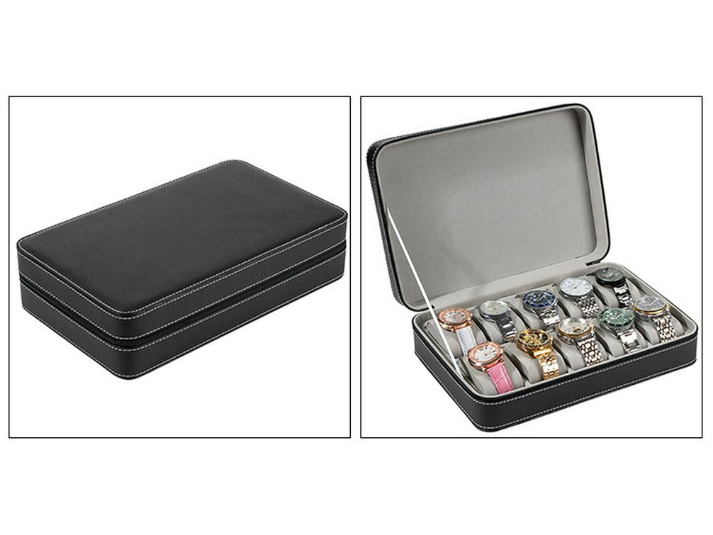 Portable Black and Blue-Gray Leather Zipper Watch Box with 6, 10, or 12 Slots - Flip-Top Jewelry Storage