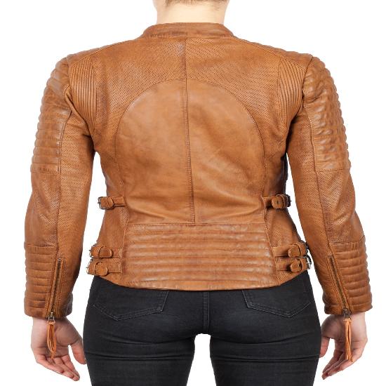 NOORA Womens Tan Brown Leather Motorcycle Biker Quilted Jacket With Zipper & Pocket | Snap On Collar |