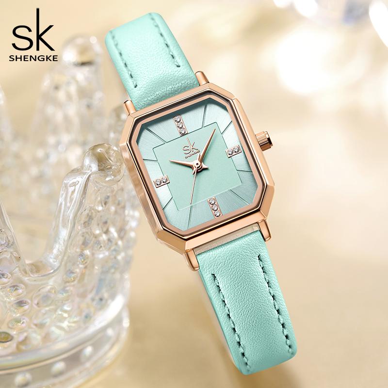 SHENGKE Fashion Black Leather Strap Woman Watches Top Luxury Women's Quartz Wristwatches Reloj Mujer Zegarek Damski
