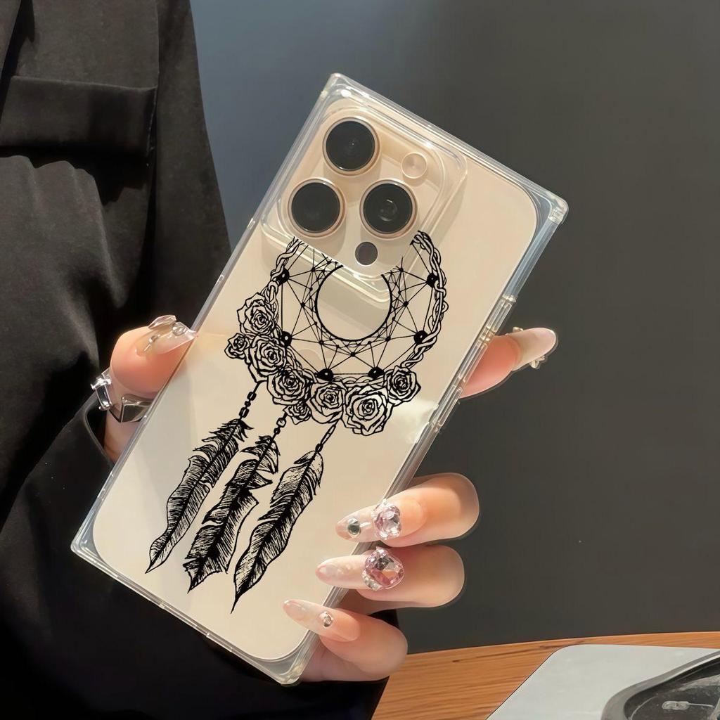 Clear Square Back Tube Case Protection For iPhone 12 15 Plus 11 14 Pro Max 13 16 ProMax Anti-Oxygen,Black Floral Feather Wreath Pattern Casing