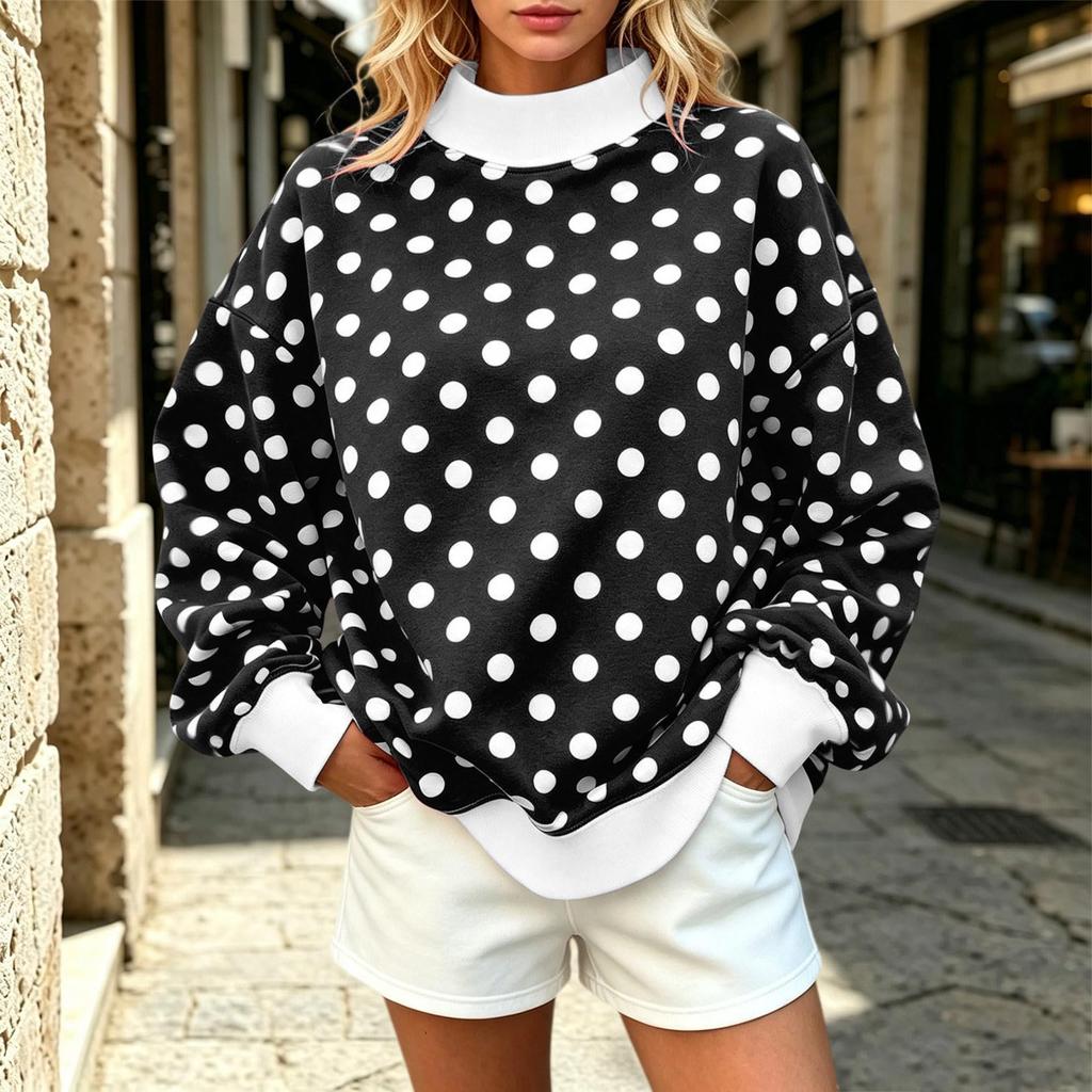 Women's Long Sleeve Polka Dot Print Casual Pullover Blouse