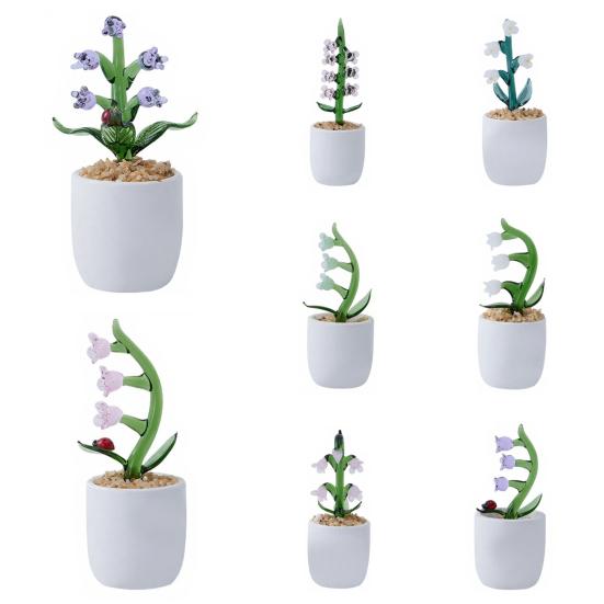 Hand Blown Mini Glass Flower Figurine Faux Crystal Small Lily of The Valley Flower with Pot for Wedding Mother's Day Office Home Table Centerpiece