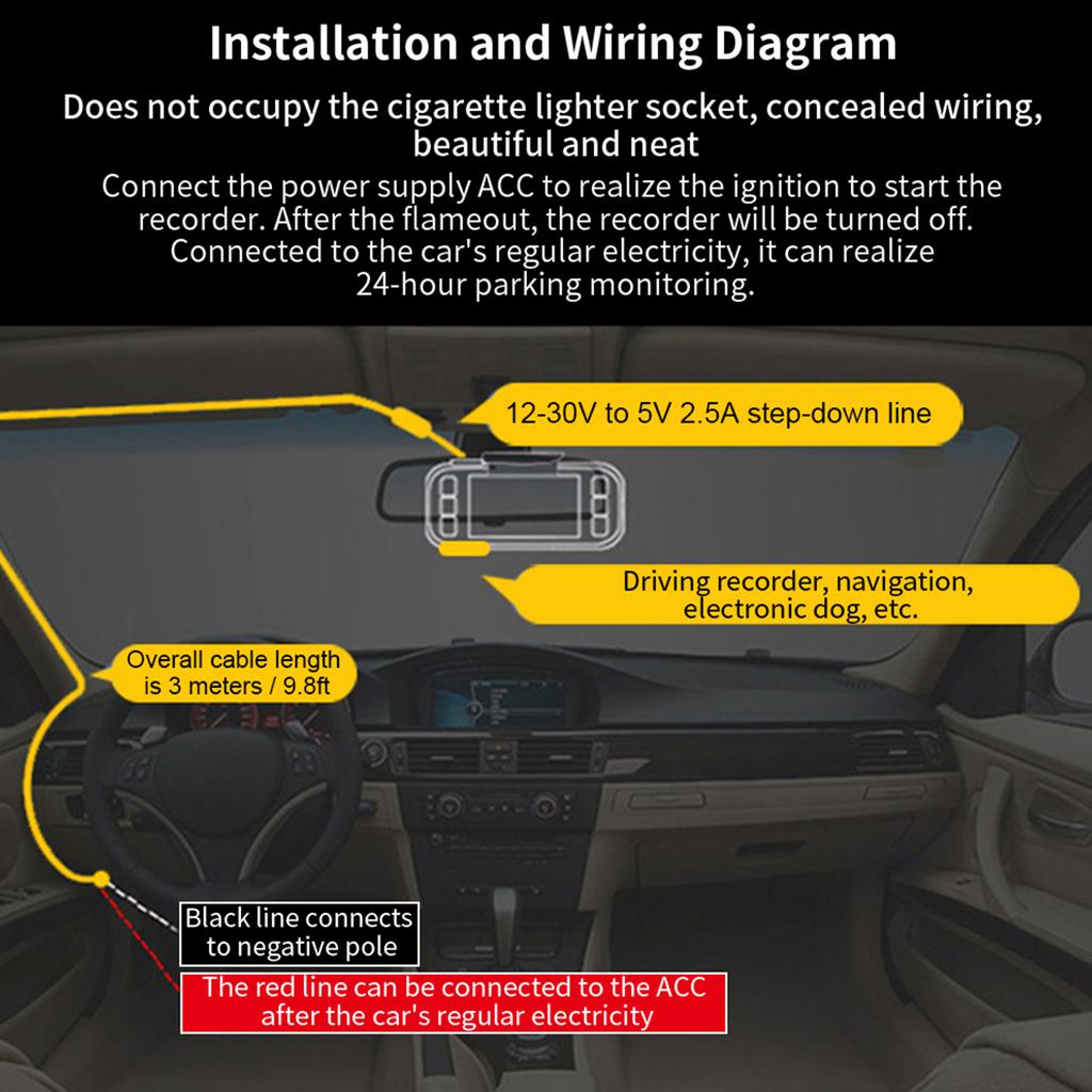 Dash Cam Hardwire Kit 12V24V To 5V 2.5A Left Angle Mini USB Step?Down Line for Parking Monitoring