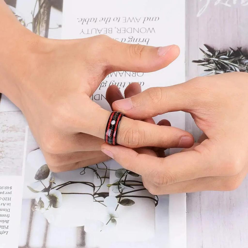 Fashion 8mm Black Stainless Steel Rings for Men Inlay Colorful Abalone Shell and Red Meteorite Rings Men Wedding Party Jewelry