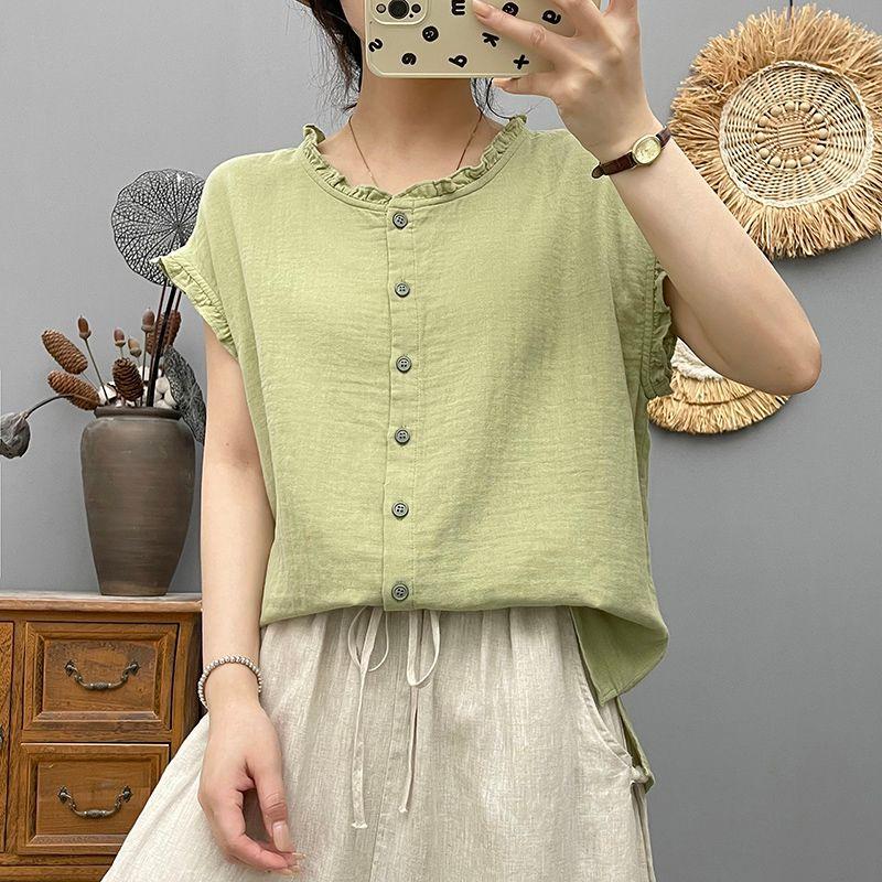 

Summer Cotton Yarn Short-Sleeved Shirt for Women 2025 New Arrival Tree Fungus-like Lacework Small Cardigan Retro Art Casual Top Shirt Green M(45.00 kg-65.00 kg)