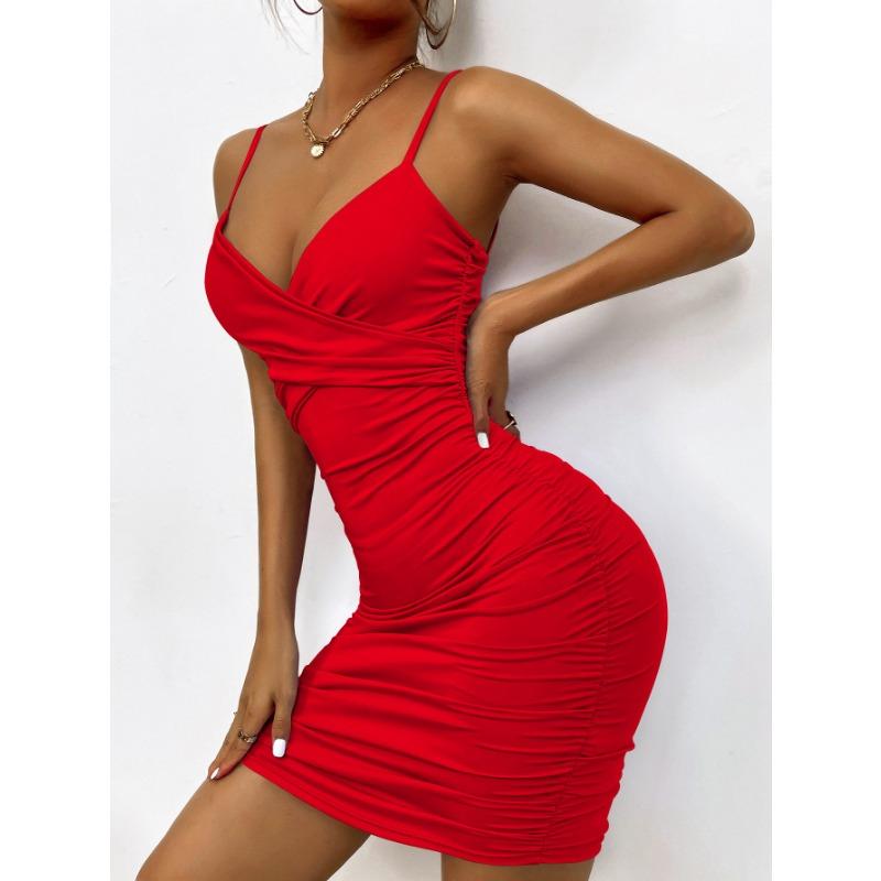 Summer Women's Dress Sexy V-Neck Backless Halter Dress Pleated Wrap Hip Dresses