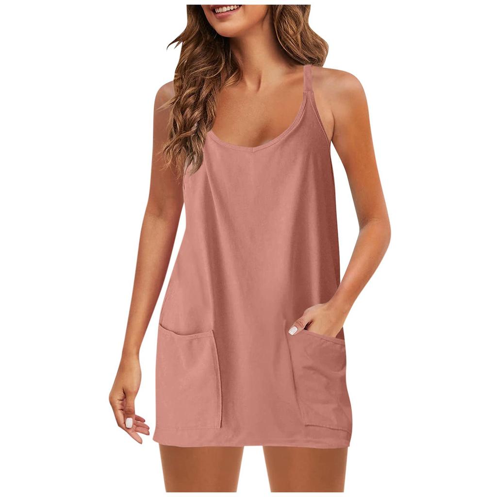 Womens Summer Sleeveless Dress V Neck Adjustable Spaghetti Strap Athletic Short Dress With Pockets