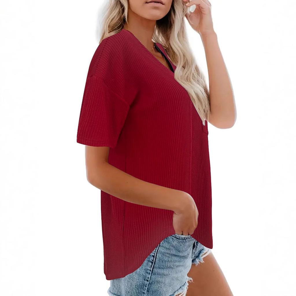 JKASHDK Women's Fashion Casual Summer Spring Solid Color Print Short Sleeve V-Neck Blouses & Shirts