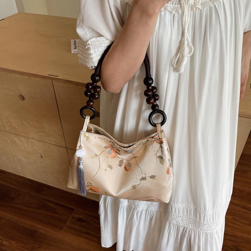 Retro Beige Embroidery Handbag Women Beaded Handle Large Capacity Shoulder Bag Ladies Elegant Luxury High End Underarm Bags