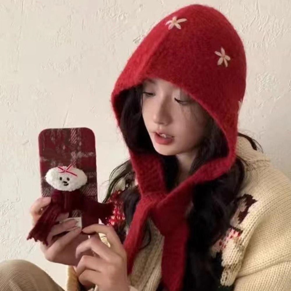 Sweet Knitted Balaclava Hat Embroidered Flowers Pullover Cap Casual Neck Collar Beanies Cap Girls