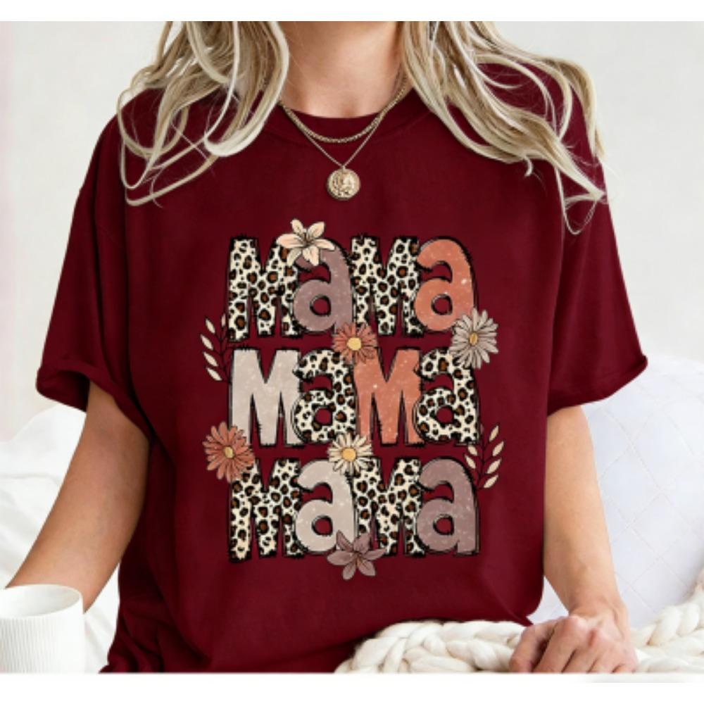 Fashion Funny Leopard Letter Mama Print Women's Short Sleeves T-Shirt Loose Casual Summer Outdoor Street Women's Tees Tops