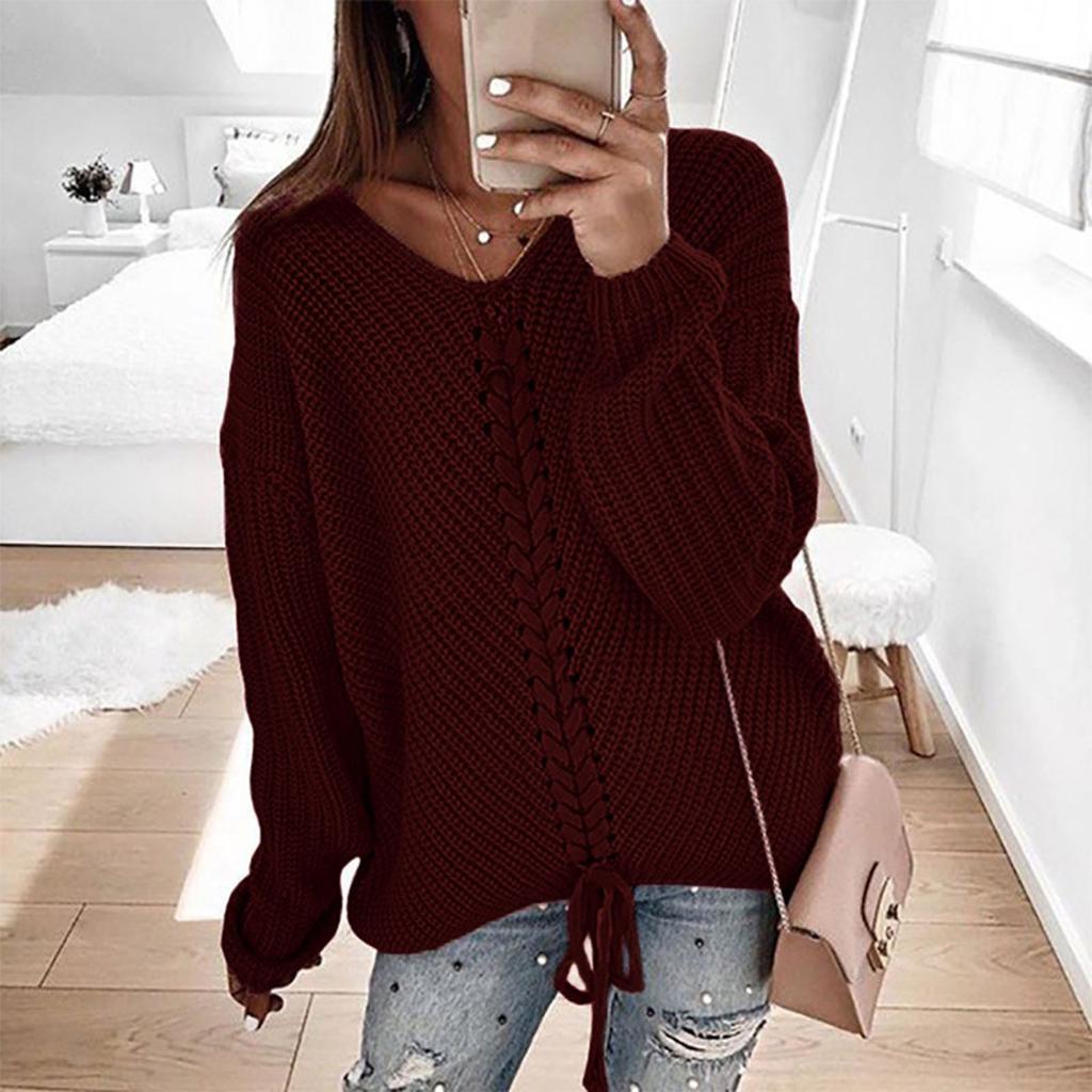 Women's Sweater Casual Long Sleeve V Neck Solid Loose Chunky Knit Pullover Tops