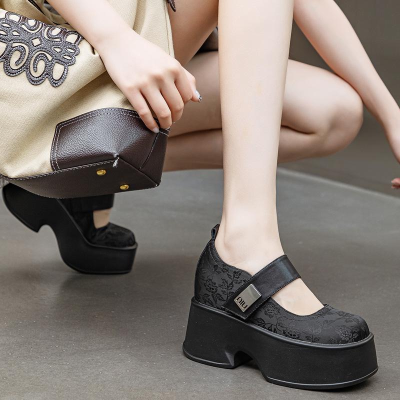 New Chinese jacquard single shoes women's 2025 summer Mary Jane women's shoes Velcro solid color square head women's casual shoes