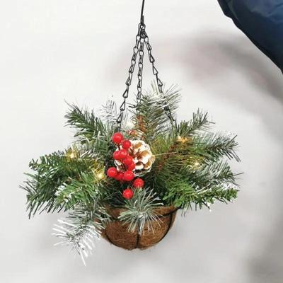 Artificial Christmas Hanging Basket Garland with White LED Light Red Berries Pine Cones Snow for Door Home DIY Decorations