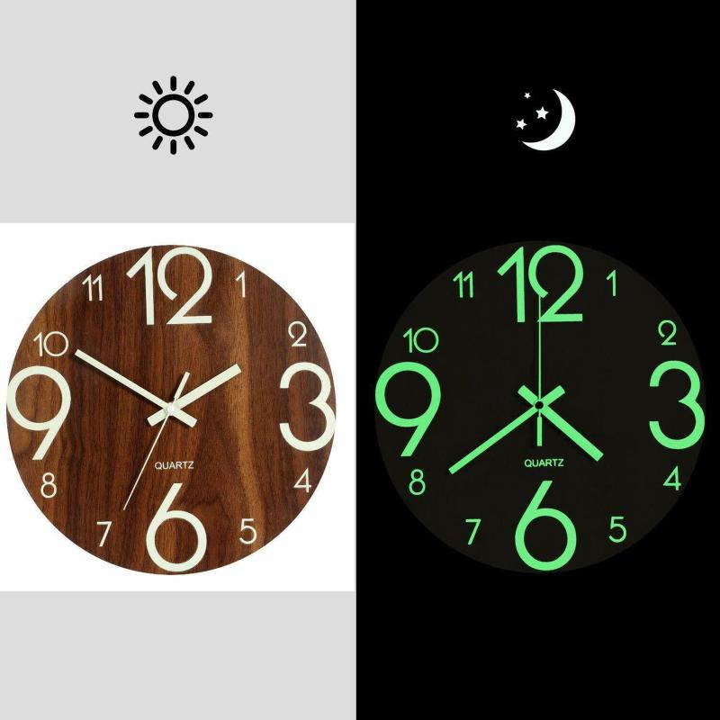 Round Luminous Wall Clock Glow In Dark Wooden Silent NonTicking Modern Style for Bedroom Decor