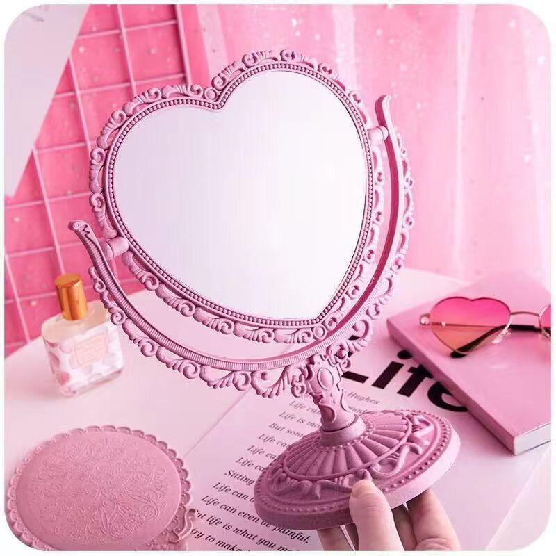 Korean Style Heart-Shaped Double-Sided Retro Makeup Mirror with Small European Desktop Design