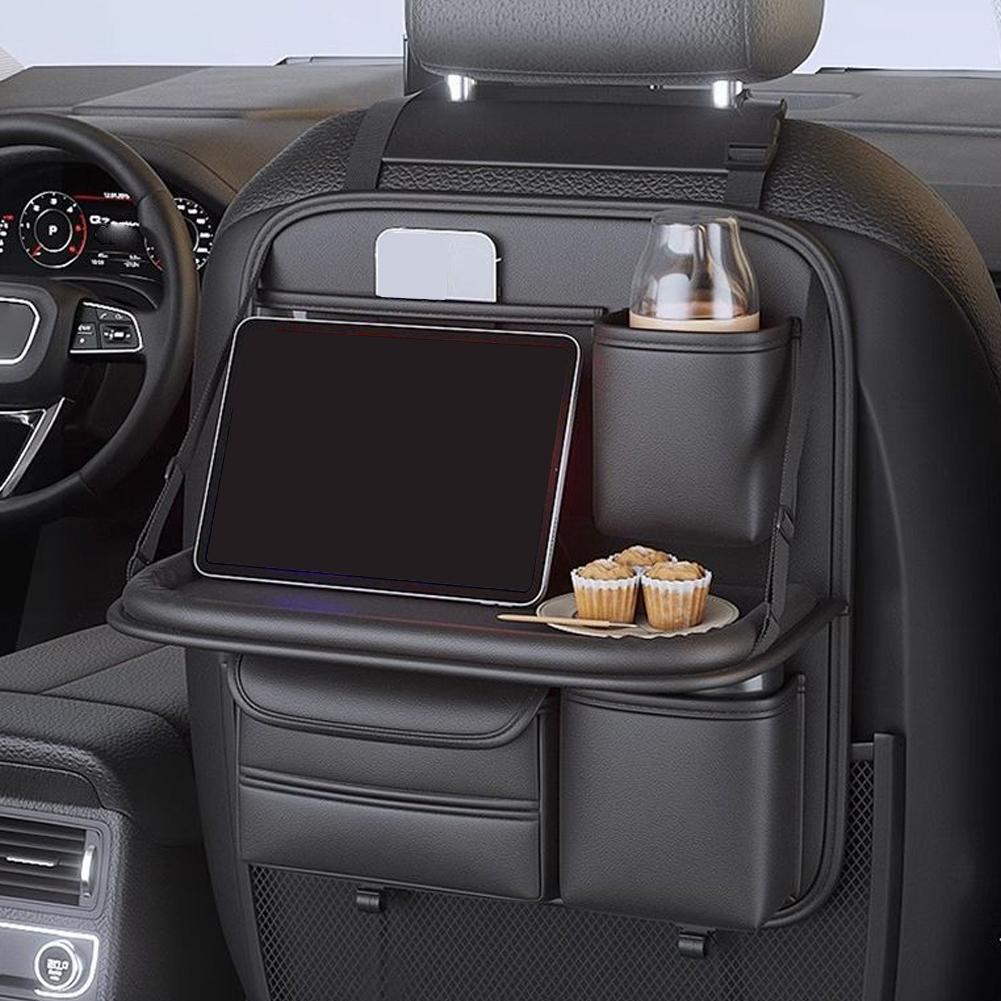 Car Seat Back Organizer 6-Pocket Storage Bag with Foldable Table Tray PU Leather Car Seat Back Protector Auto Seat Accessories