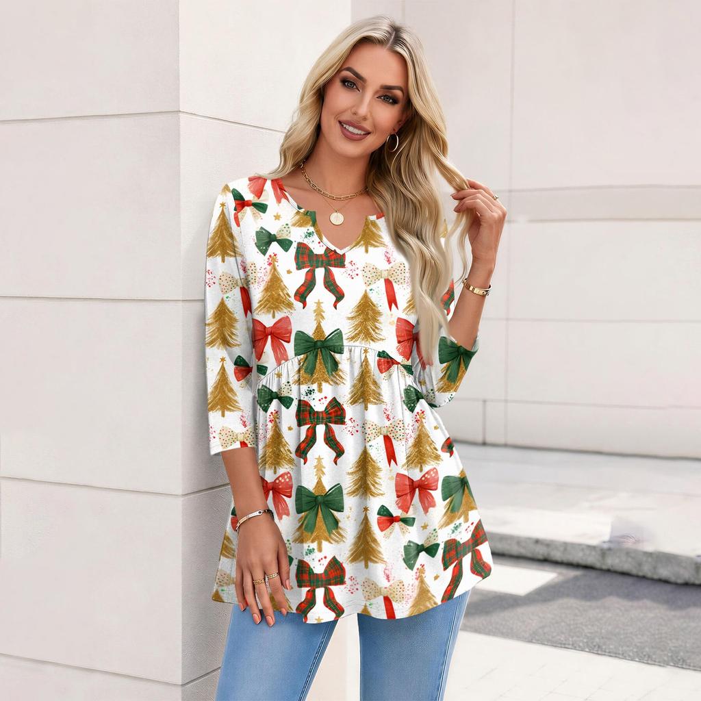 Women's Casual Christmas Print V-Neck Three-Quarter Sleeve Shirt
