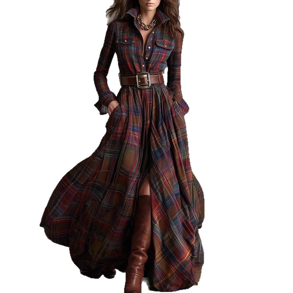 Damska ciemnozielona sukienka koszulowa midi z długim rękawem, zapinana na guziki w kratę