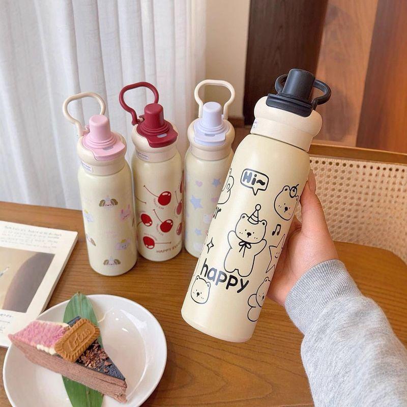 New Stylish High-Capacity Thermos Cup Made of 316 Stainless Steel, Cute Insulated Water Bottle with Straw for Children and Students