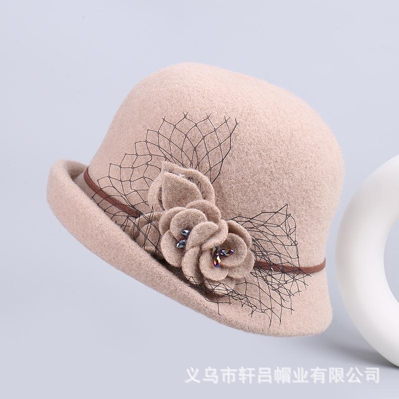 Hat women's autumn and winter fashion flower bucket hat crimped wool basin hat women's British retro bowler hat