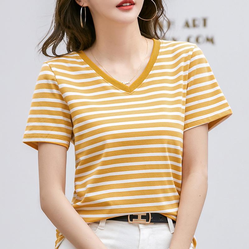 Striped Color Block V-Neck Retro Short Sleeve Women s Stylish Summer Top - New Arrival 4XL