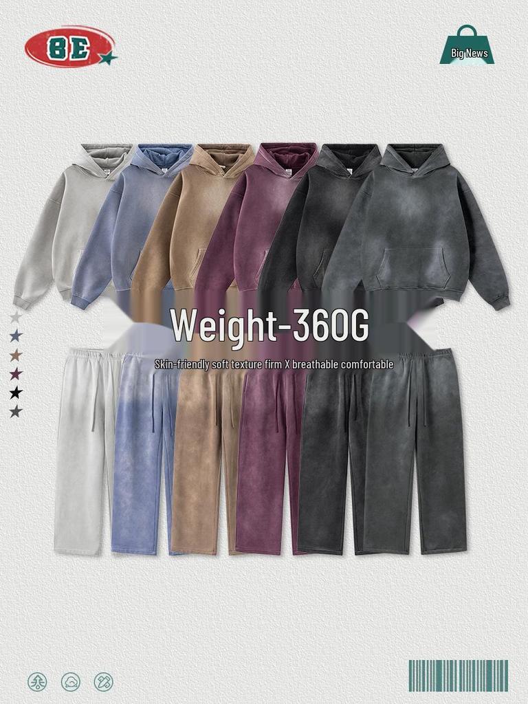 BE Men's Retro Distressed Spray Paint Velvet Hoodie & Sweatpants Set - Autumn 2025 Collection