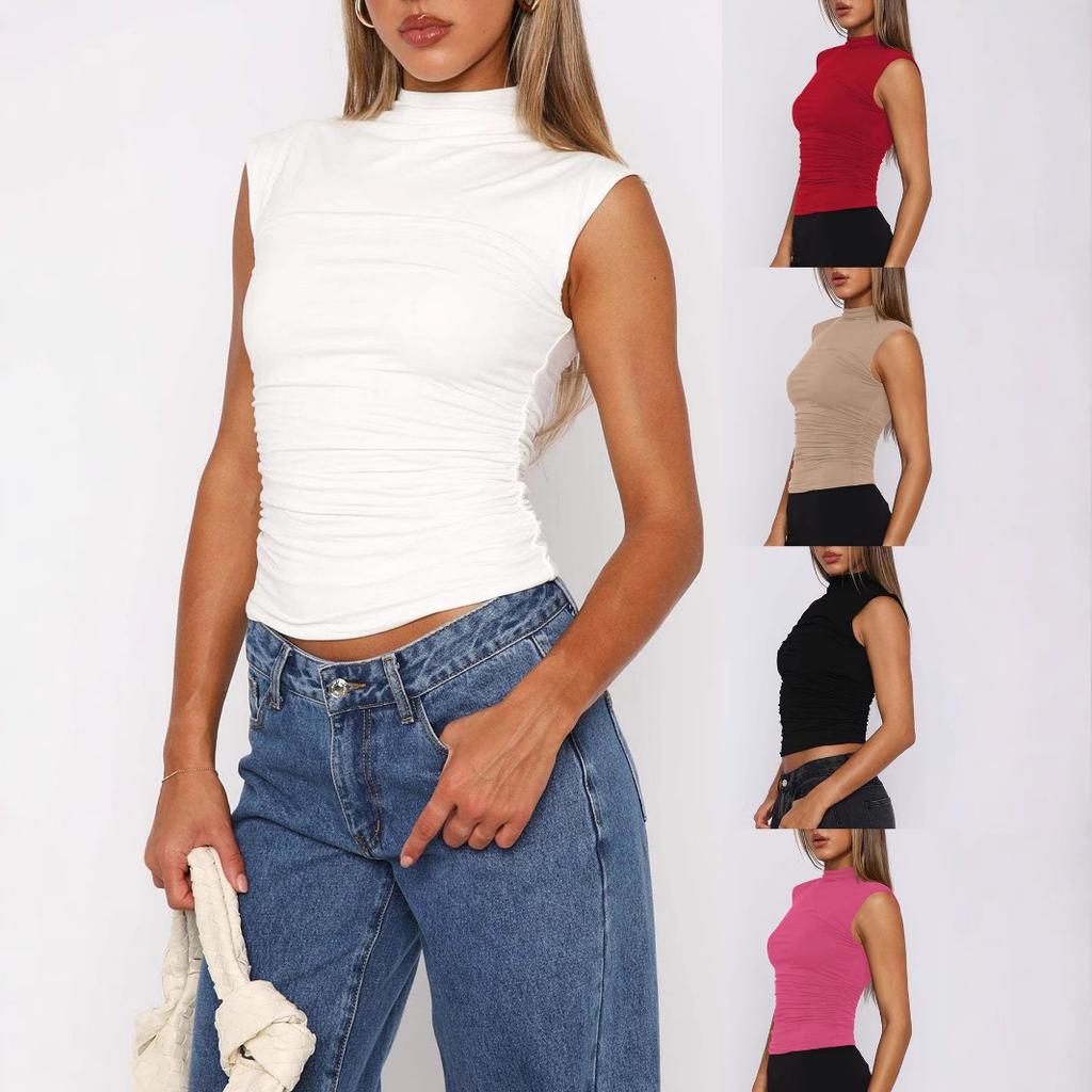 Summer Women's Half High Neck Solid Colour Slim Sleeveless Hottie Style Hundred Tank Top