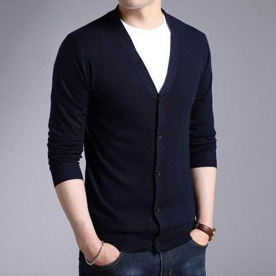 2023 Herren Koreanischer Stil Schwarzer Strick-Cardigan - Frühling/Herbst Knopfleiste Lockerer Pullover für Männer mittleren Alters