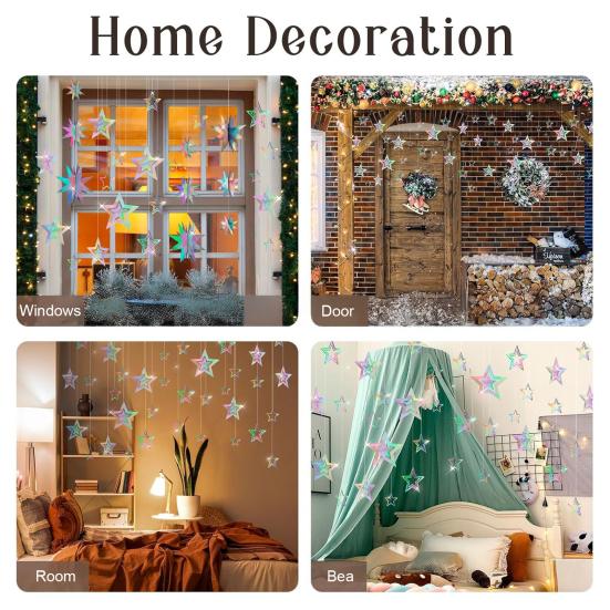 Iridescent Star Garland Decoration Metallic Holographic Star Streamer Twinkle Star Hanging Bunting Banner Backdrop for Birthday Baby Shower Wedding