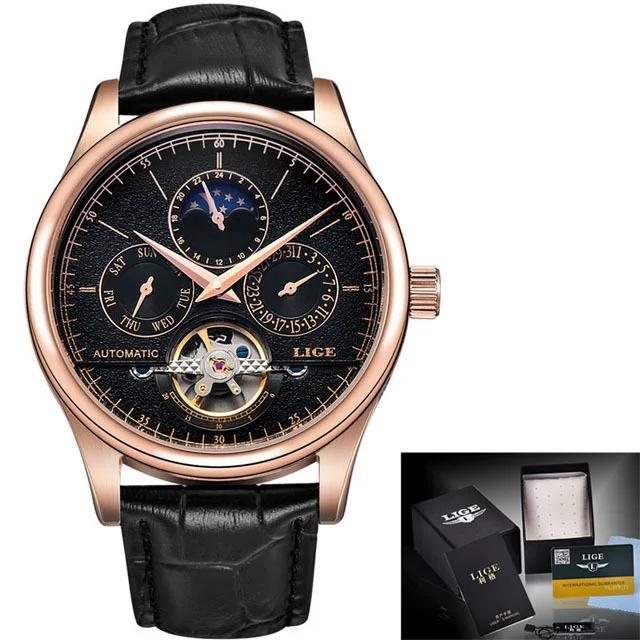 LIGE Brand Retro Mechanical Wristwatch Tourbillon Automatic Watch Sport Clock Leather Casual Business Men Watches Relojes Hombre