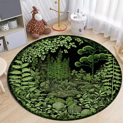 Floral and Leaf Print Round Area Rug, Botanical Green Plant Floor Mat for Living Room Bedroom, Soft Washable Home Decor Carpet