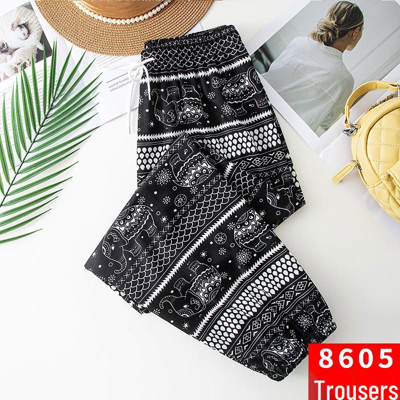Damen Thai Elefantenmuster High-Waist Gecroppte Haremshose mit Bündchen - Ethnischer Sommer Weitbein-Stil